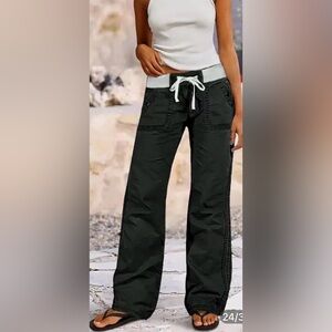 Flamingals Solid Seam Detail Drawstring Mid Rise Straight Leg Pants Large NWT